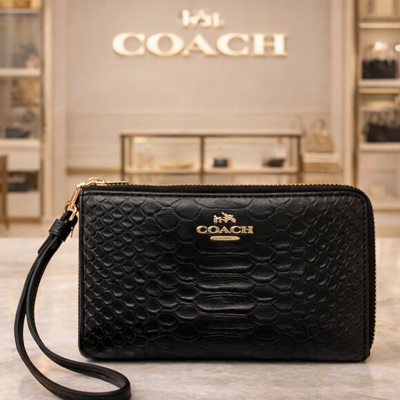 Coach Handbags - COACH Embossed Leather Double Zip Clutch/Wristlet